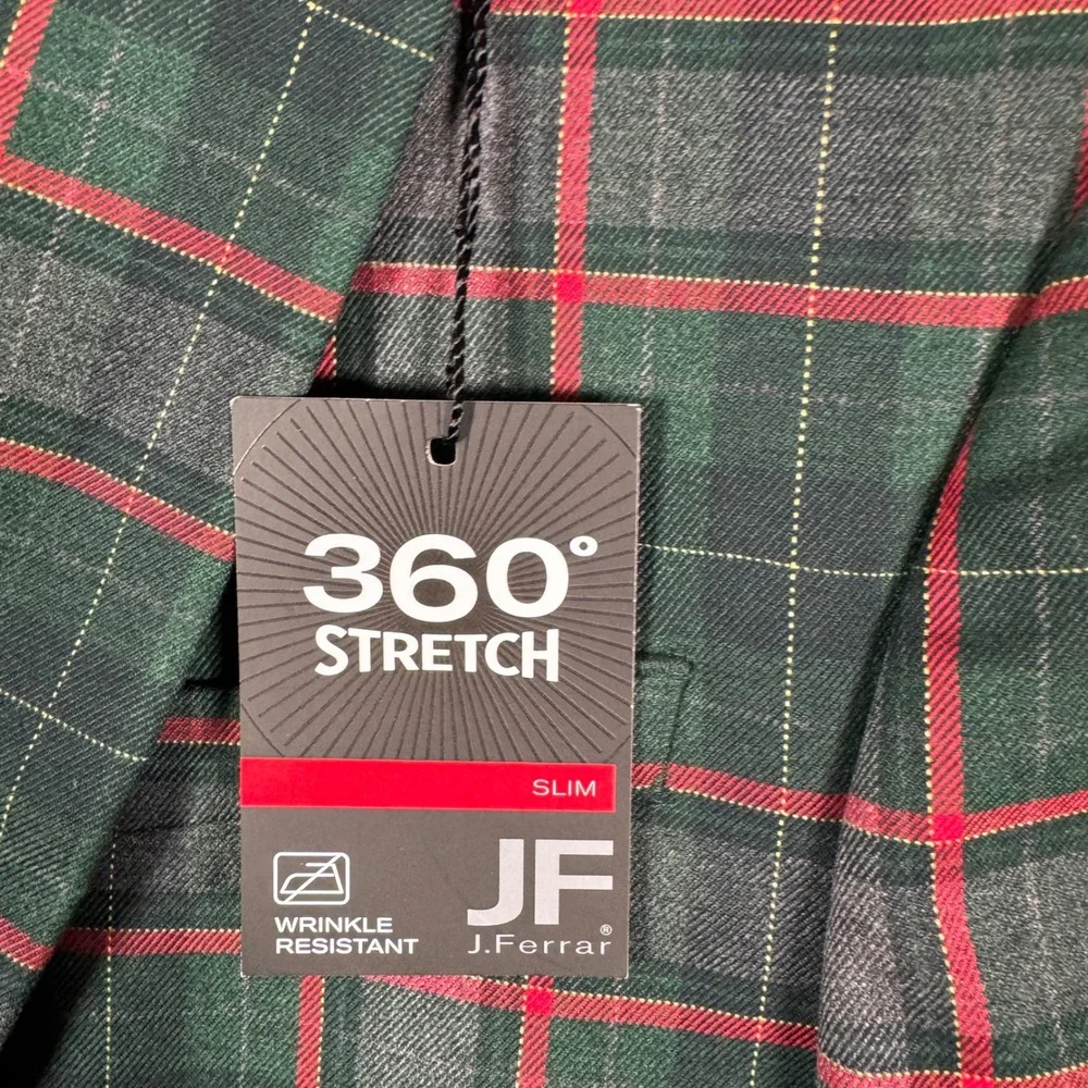 J. Ferrar Blazer Mens L 42/44 Green Red Tartan Plaid 360 Stretch Slim Fit Jacket